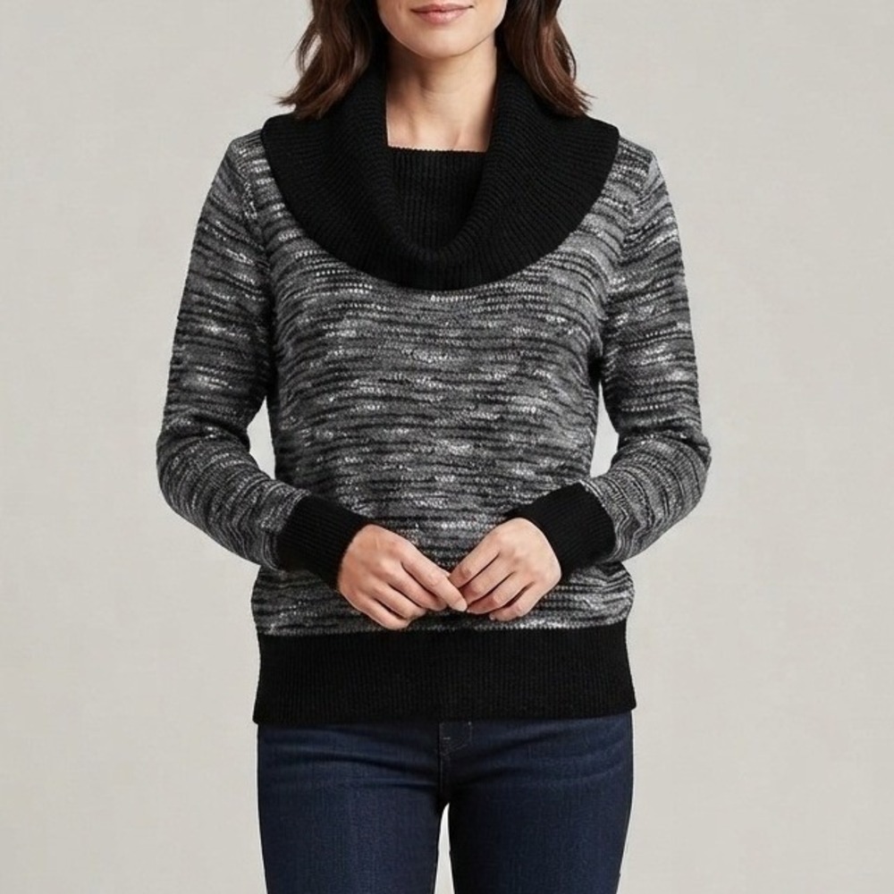 St. John Sport Womens Sweater Sz 2 Cowl Neck Wool Blend Black Gray